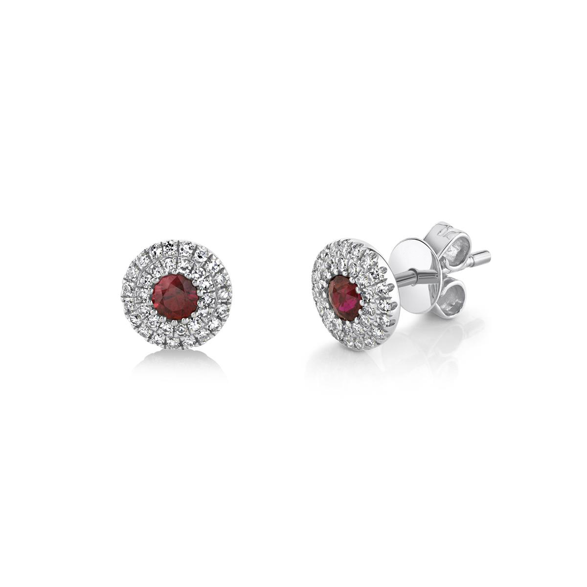 London Collection 14k White Gold Pave Diamond and Ruby Stud Earrings