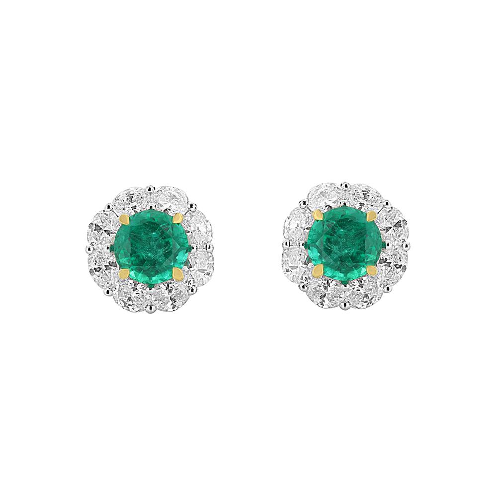 London Collection Two Tone Emerald and Diamond Halo Stud Earrings