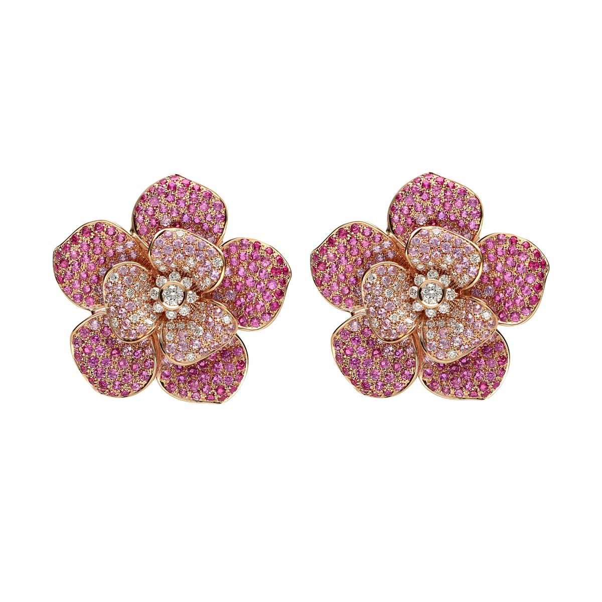 Leo Pizzo 18k Rose Gold Pink Sapphire and Diamond Ombre Flower Earrings