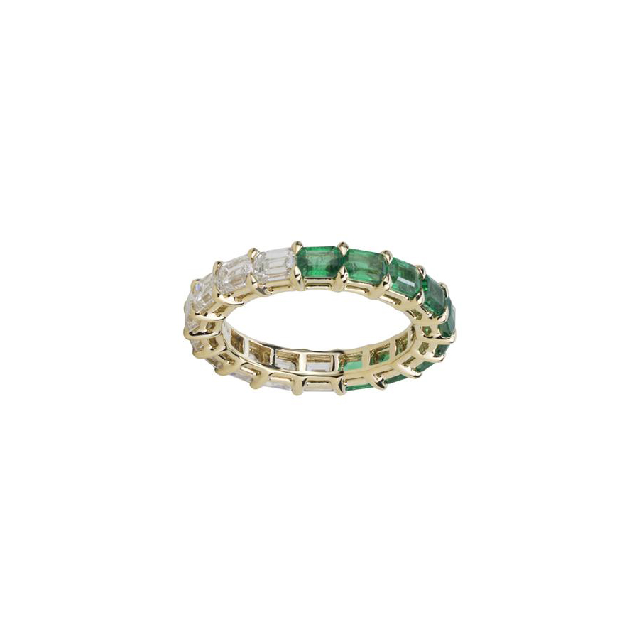 London Collection 18k Yellow Gold Half Emerald Half Diamond Emerald Cut East West Eternity Band
