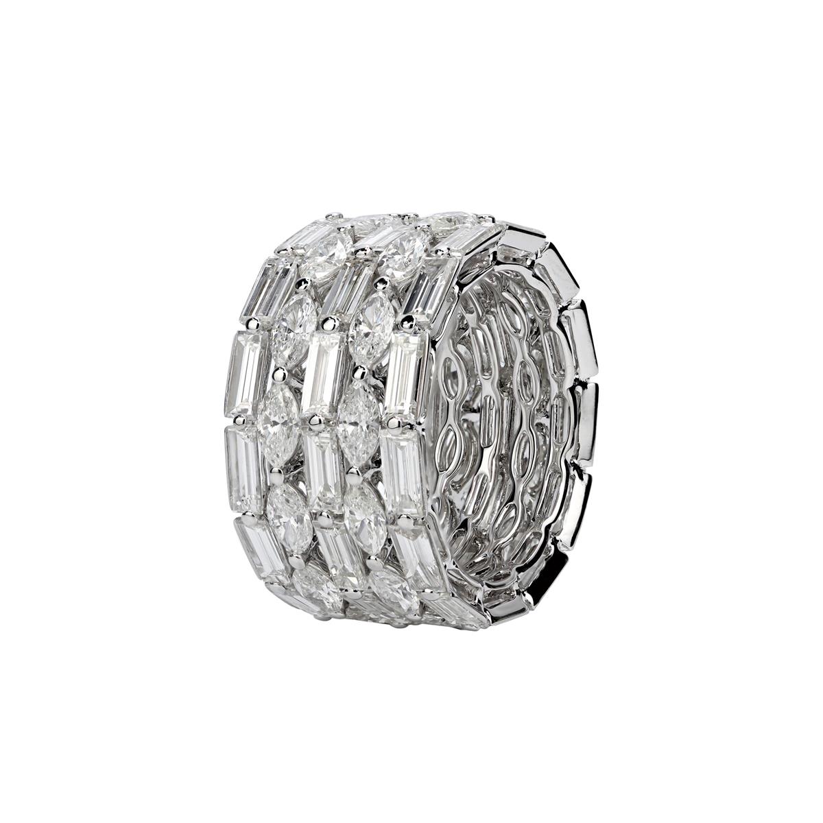 London Collection 18k White Gold 5 Row Baguette and Marquise Diamond Ring