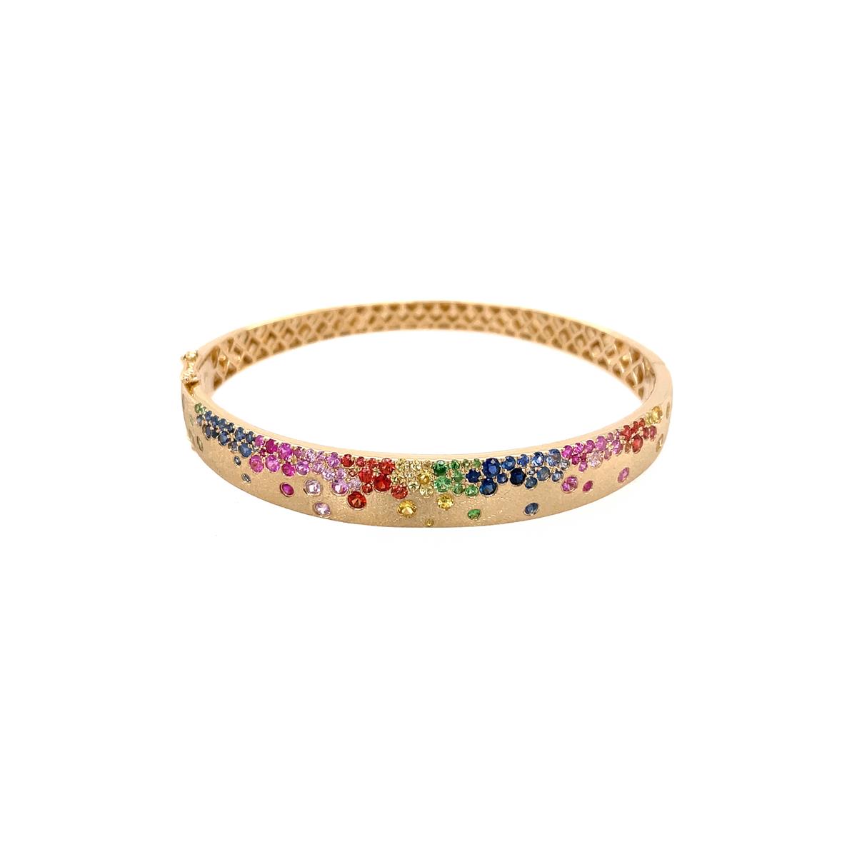 London Collection 14k Yellow Gold Satin Finish Flush Set Rainbow Mixed Stone Bangle Bracelet