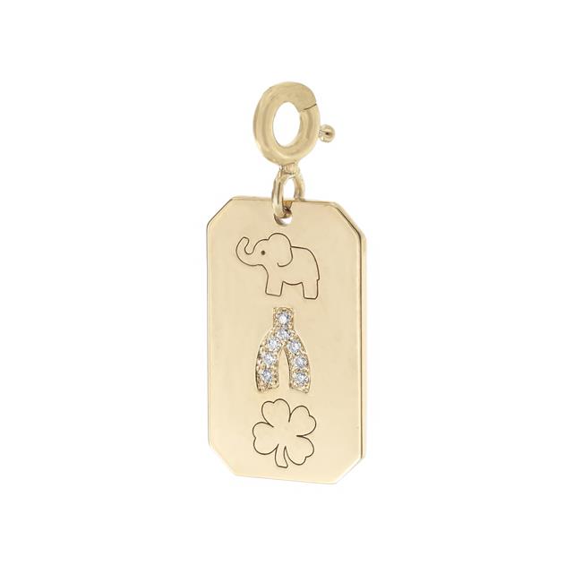 Zoe Chicco 14k Yellow Gold Elephant Diamond Wishbone Clover Dog Tag Pendant