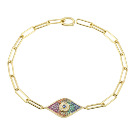 London Collection 14k Yellow Gold Rainbow Evil Eye Paperclip Chain Bracelet