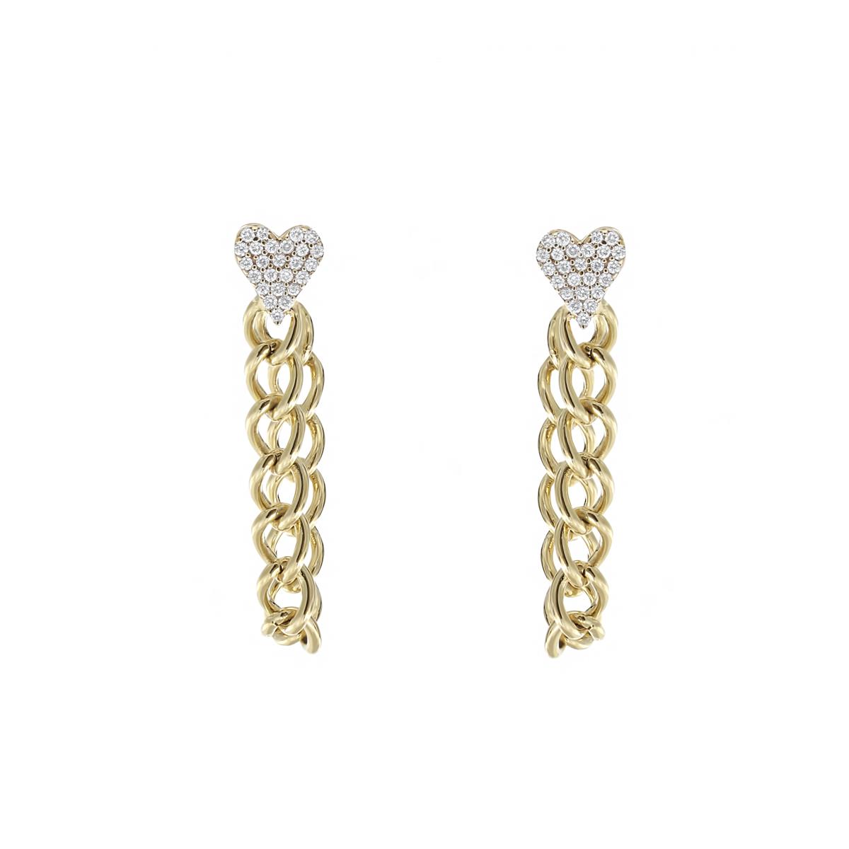 London Collection 14k Yellow Gold Pave Diamond Heart Chain Earrings