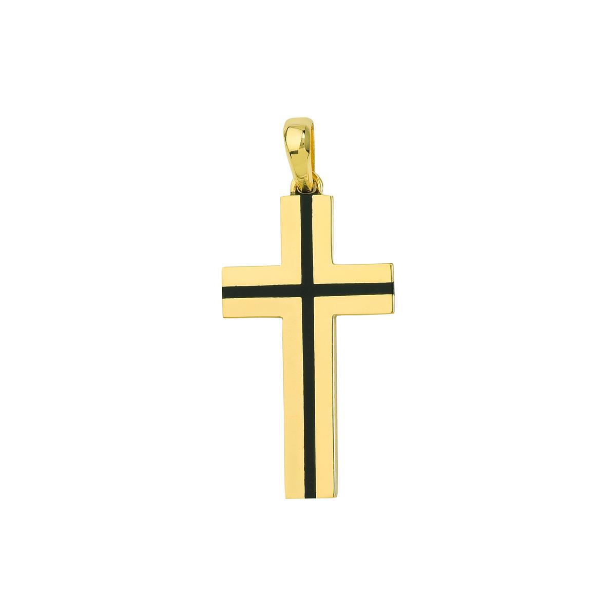 London Collection 14k Yellow Gold and Black Enamel Cross Pendant