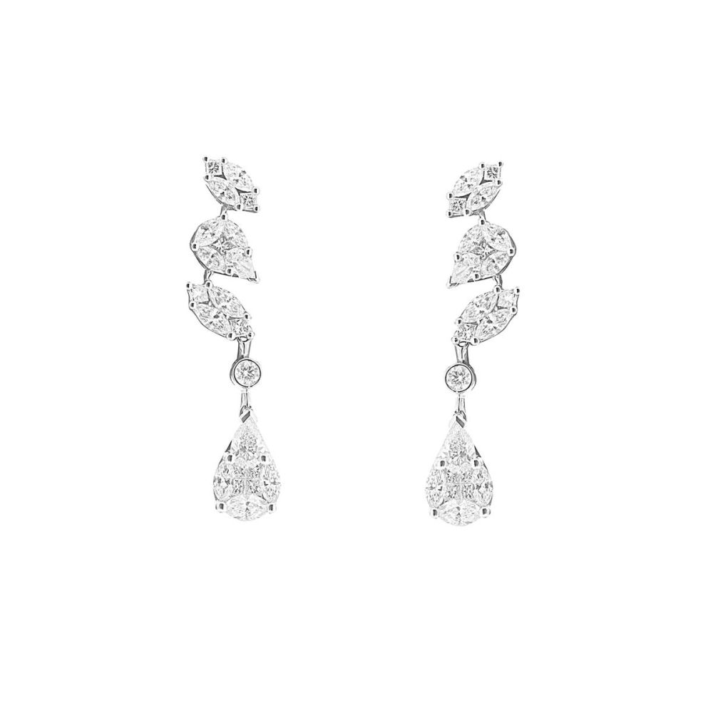 London Collection 18k Gold Marquise and Pear Shaped Diamond Cluster Drop Earrings