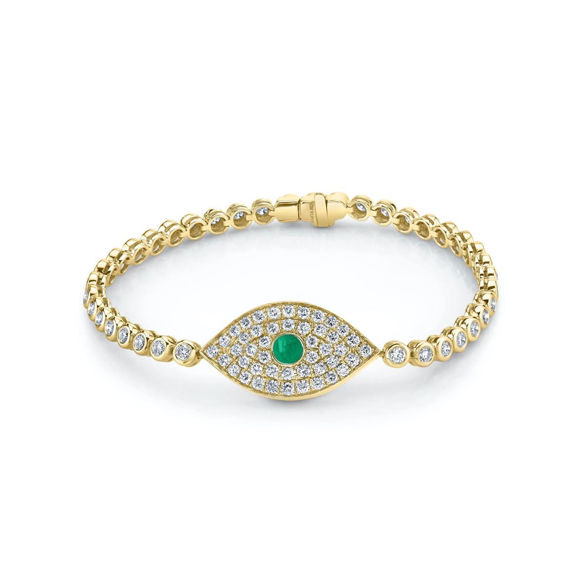 Anita Ko 18k Yellow Gold Diamond and Emerald Evil Eye Bracelet