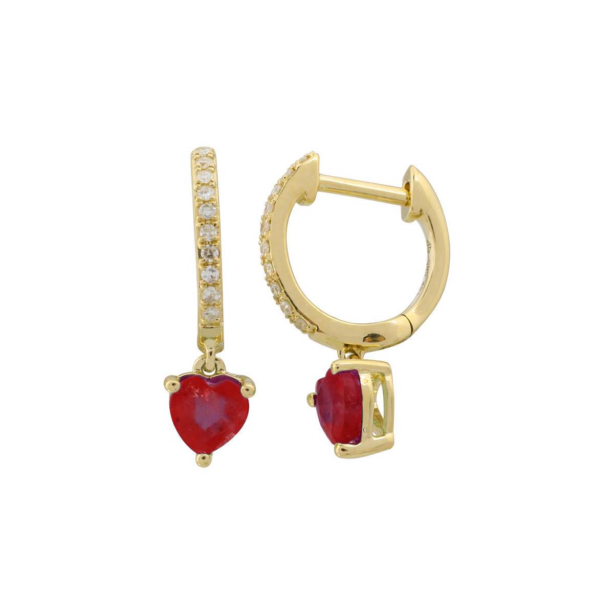London Collection 14k Yellow Gold Diamond and Heart Shaped Ruby Huggies