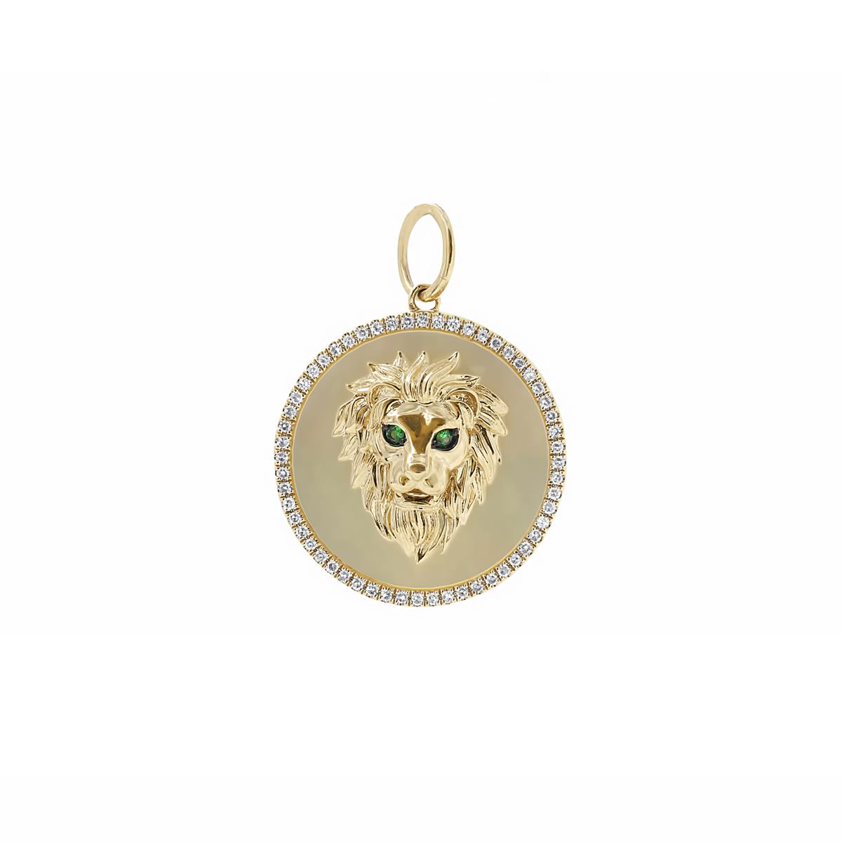 London Collection 14k Yellow Gold Diamond Mother of Pearl and Tsavorite Lion Pendant