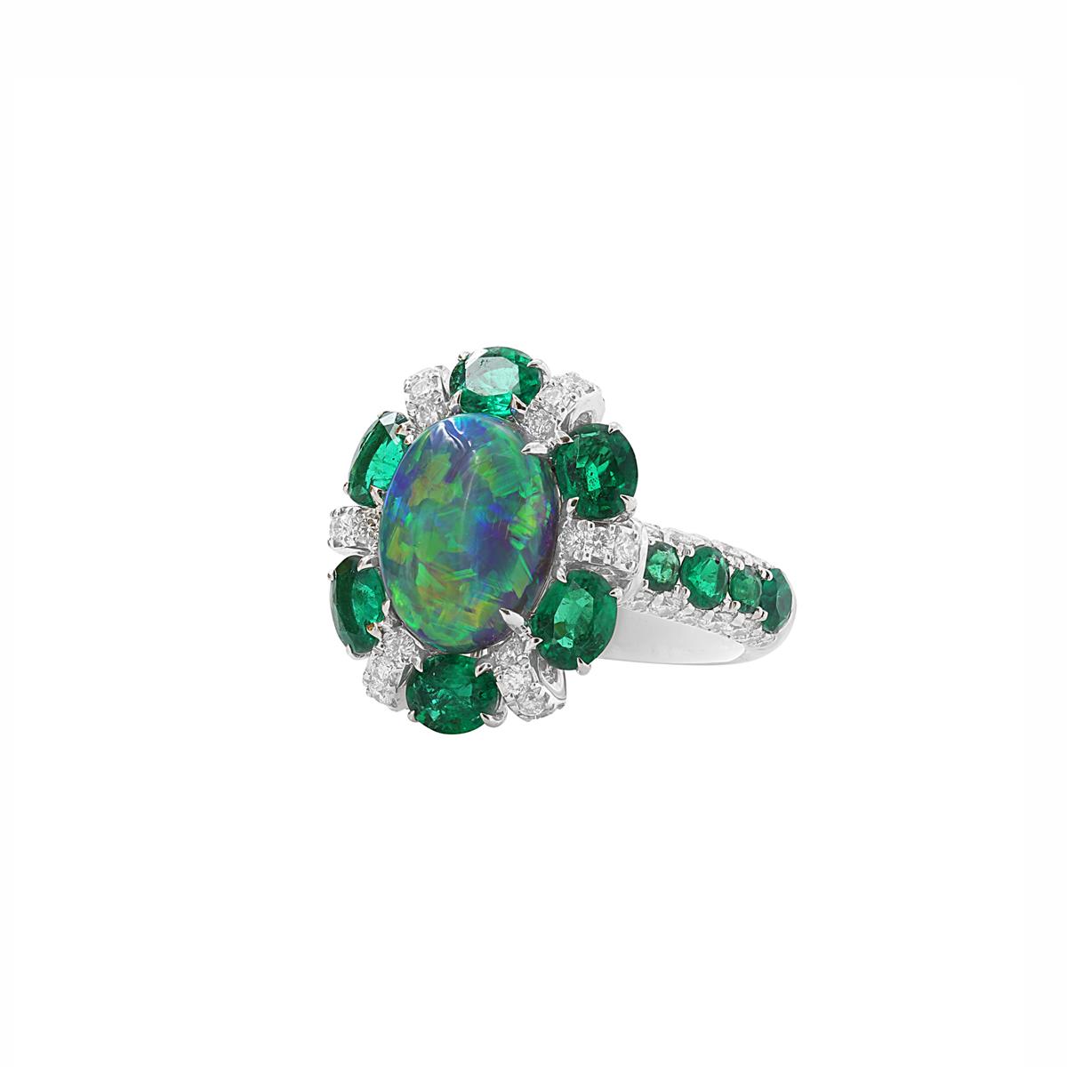 London Collection 18k White Gold Opal Emerald and Diamond Cocktail Ring