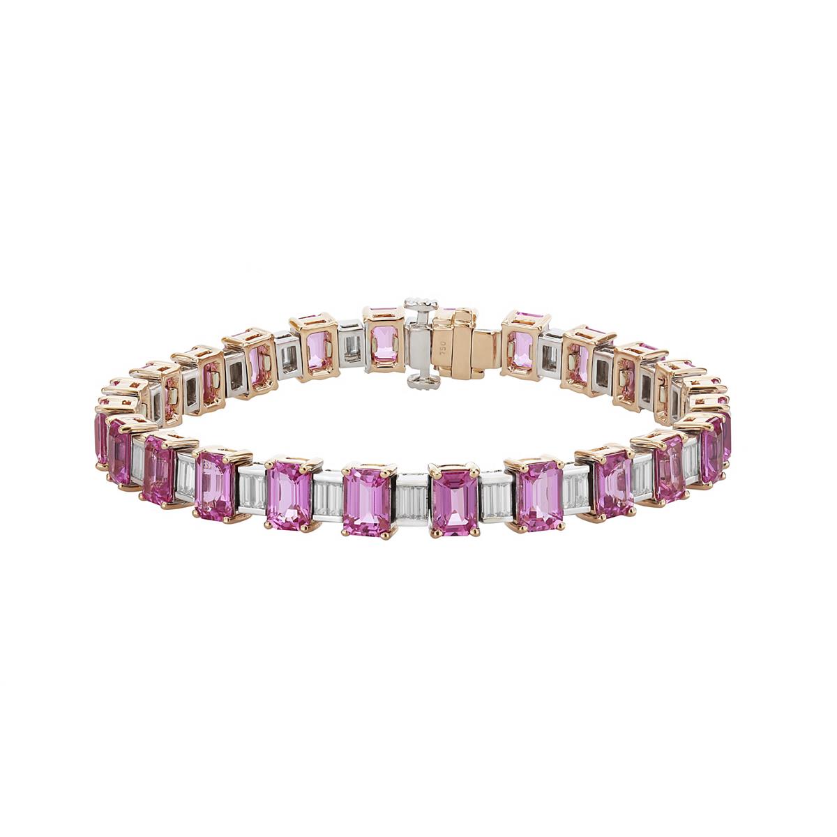 London Collection 18k Gold Emerald Cut Pink Sapphire and Diamond Alternating Tennis Bracelet