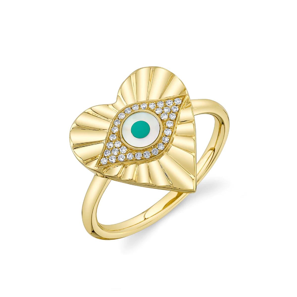 London Collection 14k Yellow Gold Mother of Pearl Composite Turquoise and Diamond Evil Eye Fluted Heart Ring