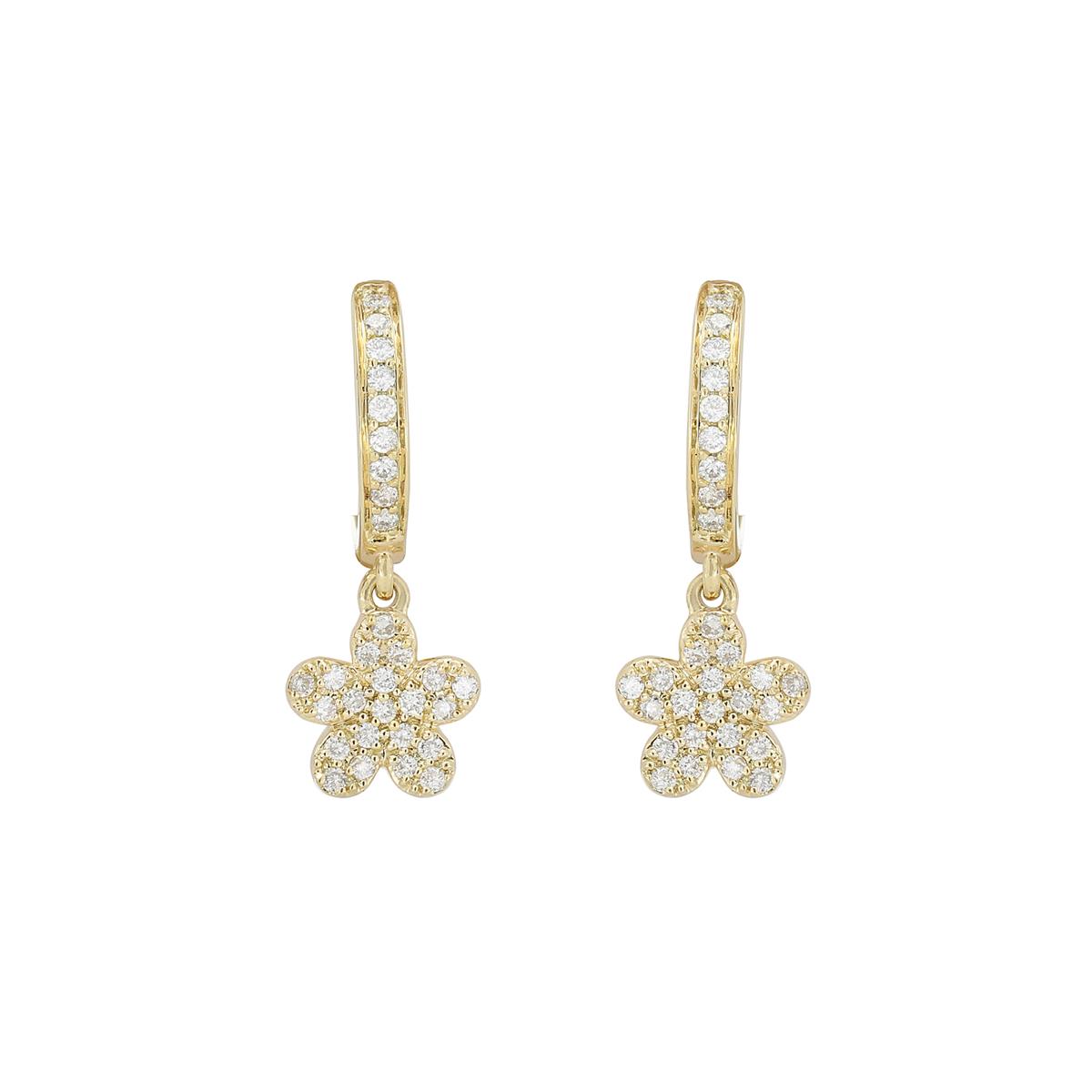 London Collection 14k Yellow Gold Pave Diamond Flower Dangle Huggie Earrings