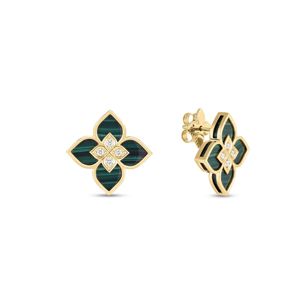 Roberto Coin Venetian Princess Yellow Gold Diamond & Malachite Small Flower Stud Earrings