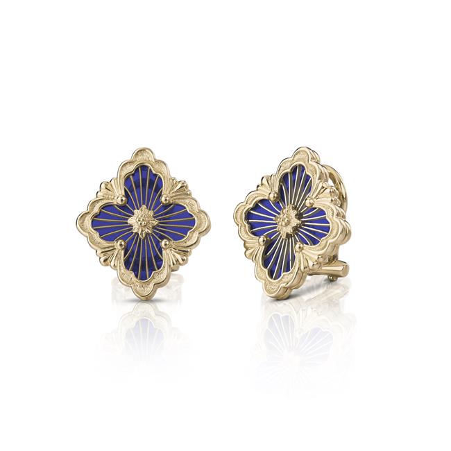 Buccellati Opera Tulle 18k Yellow Gold Blue Enameled Button Earrings