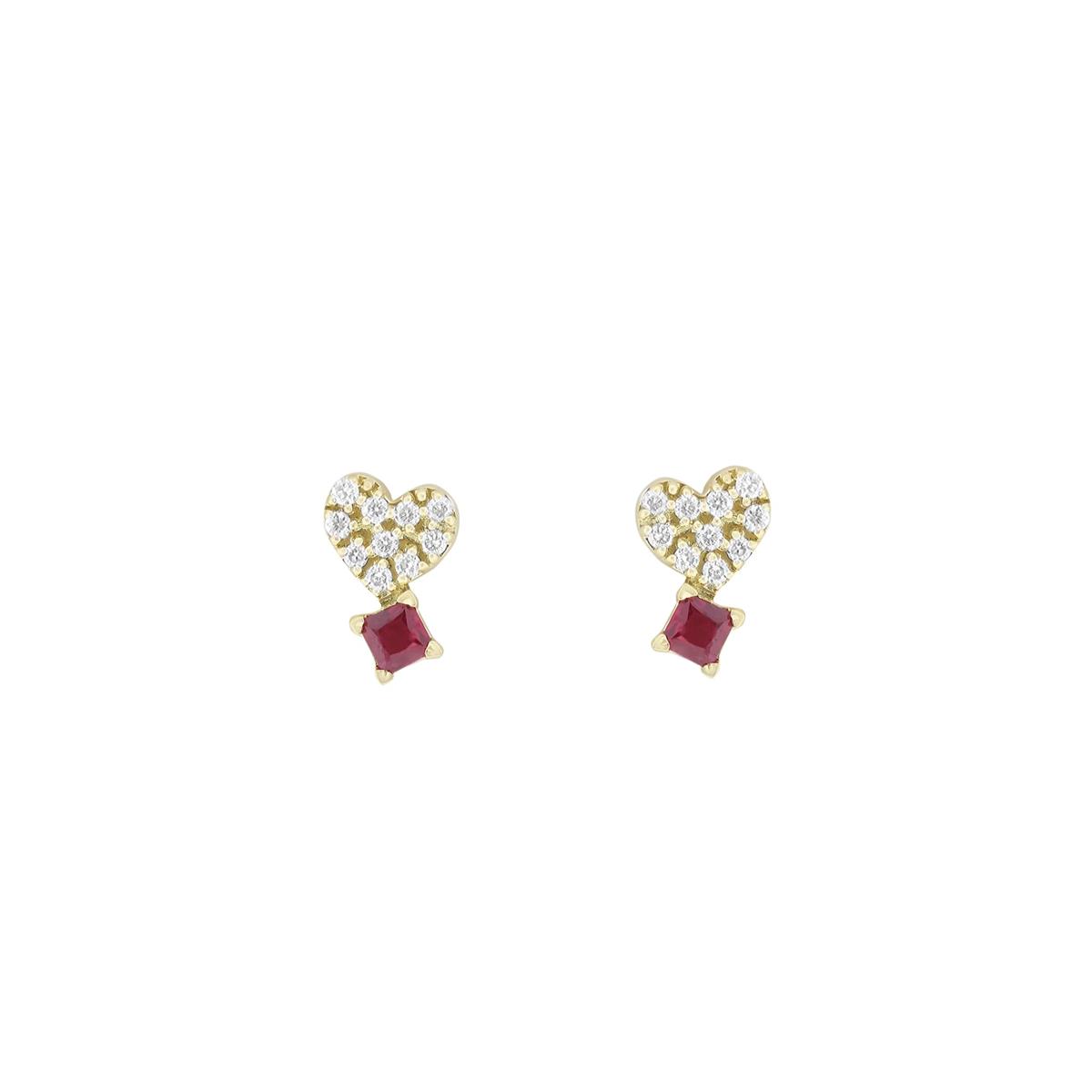 London Collection 14k Yellow Gold Pave Diamond Heart and Gemstone Heart Earrings