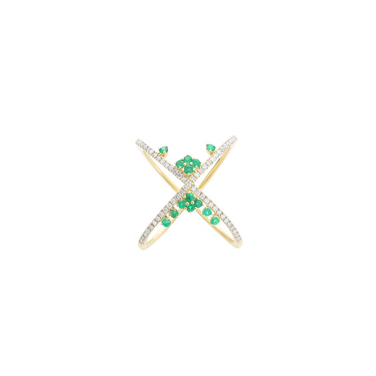 London Collection 14k Yellow Gold Diamond and Emerald "X" Ring