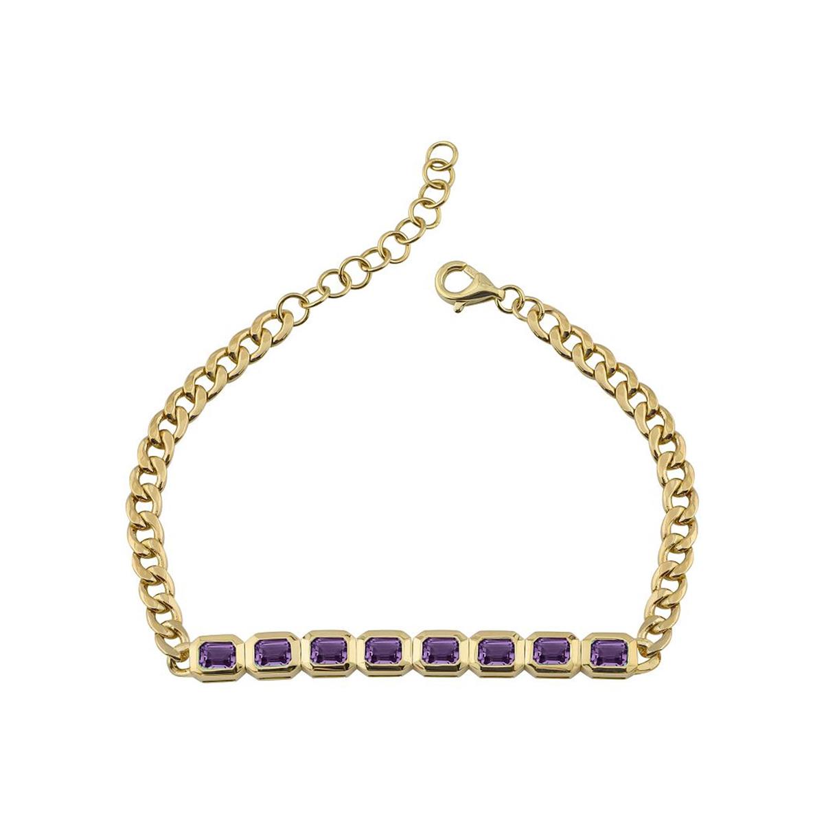 London Collection 14k Yellow Gold Bezel Set Gemstone Cuban Link Bracelet