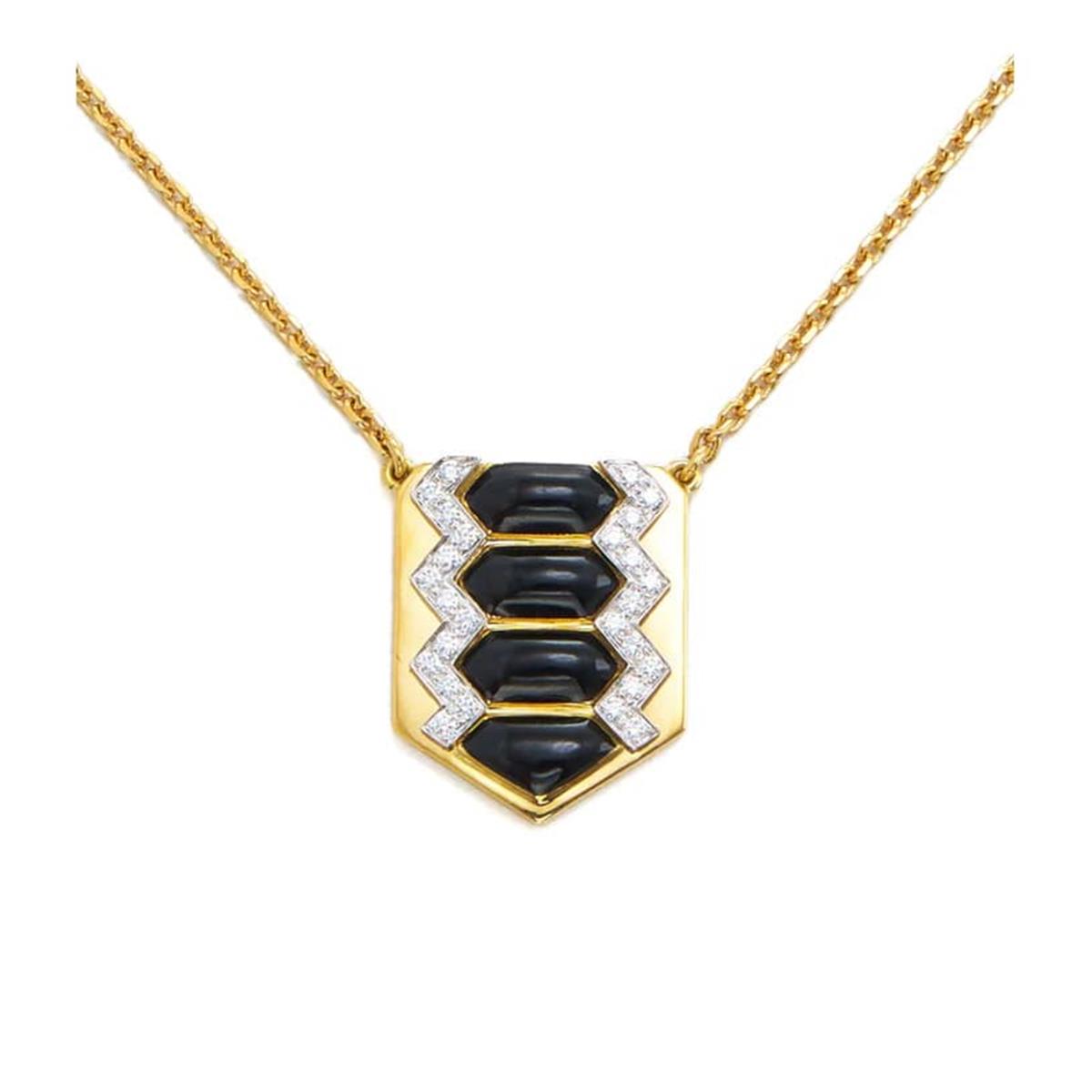 David Webb Motif Platinum Yellow Gold and Enamel Diamond Shield Pendant Necklace
