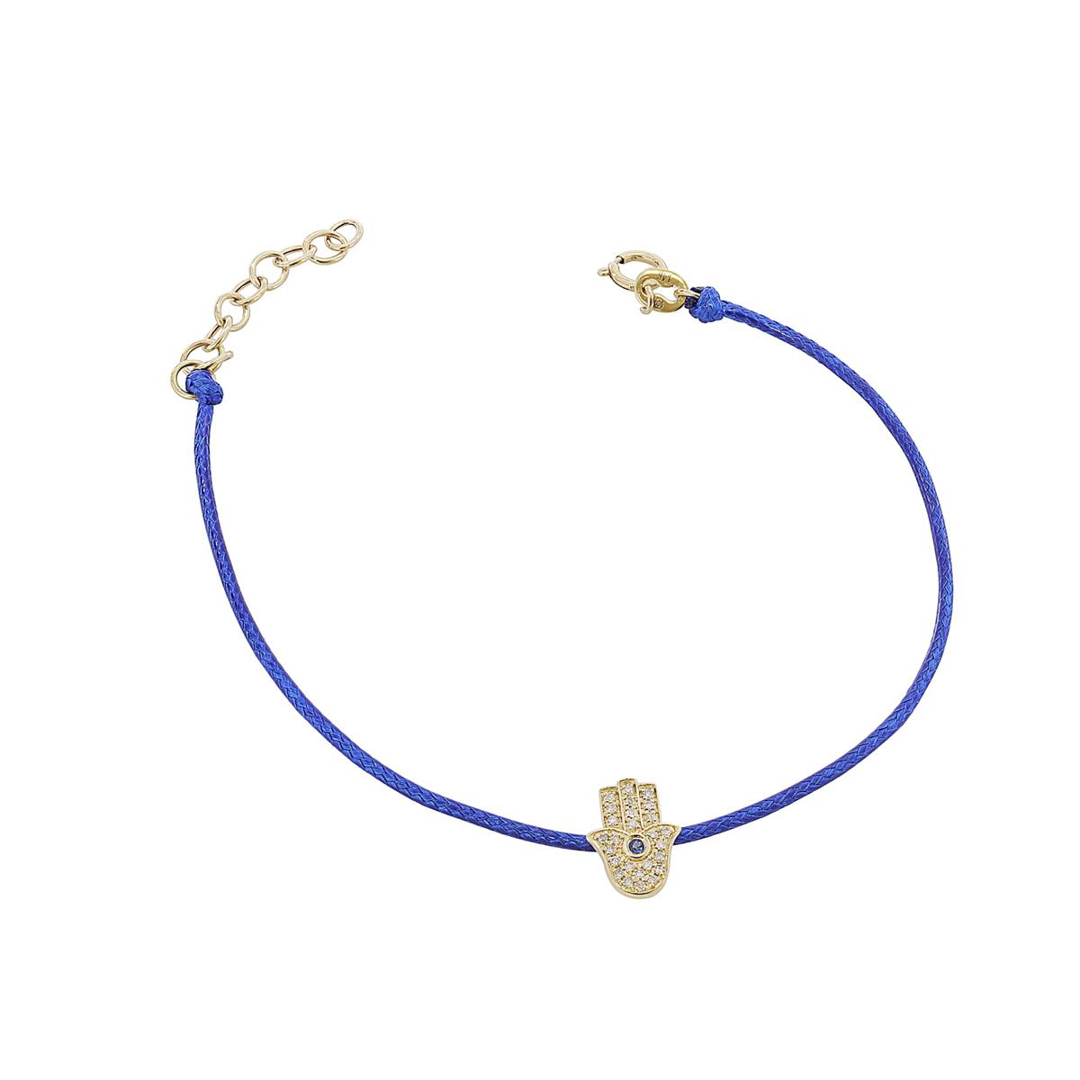 London Collection 14k Yellow Gold Diamond and Blue Sapphire Hamsa Blue Cord Bracelet