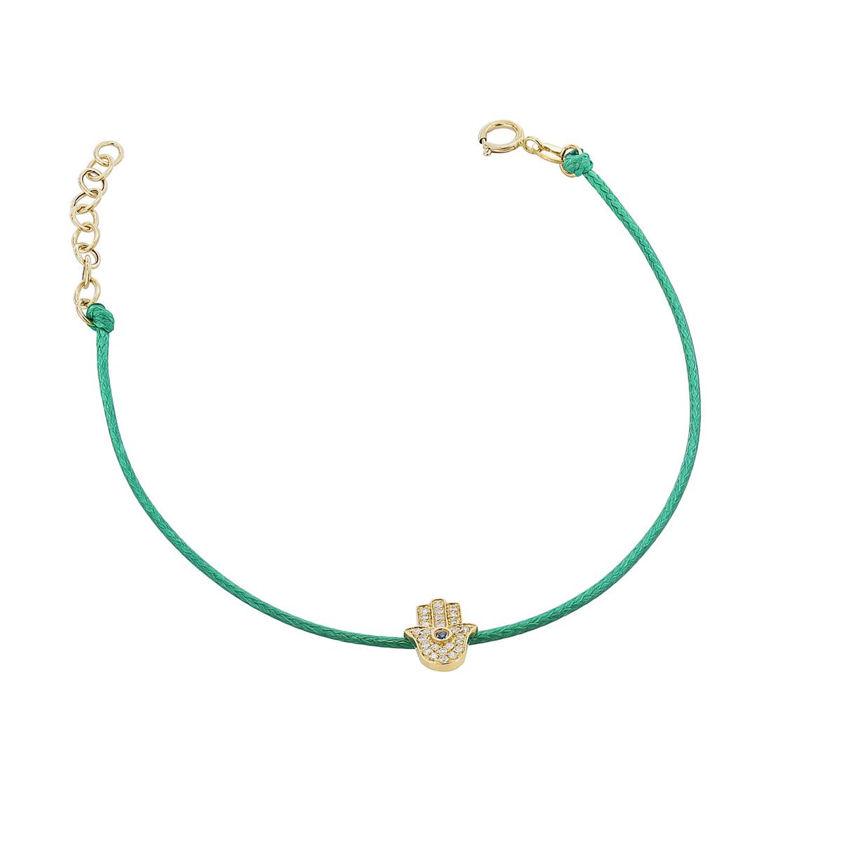 London Collection 14k Yellow Gold Diamond and Blue Sapphire Hamsa Green Cord Bracelet