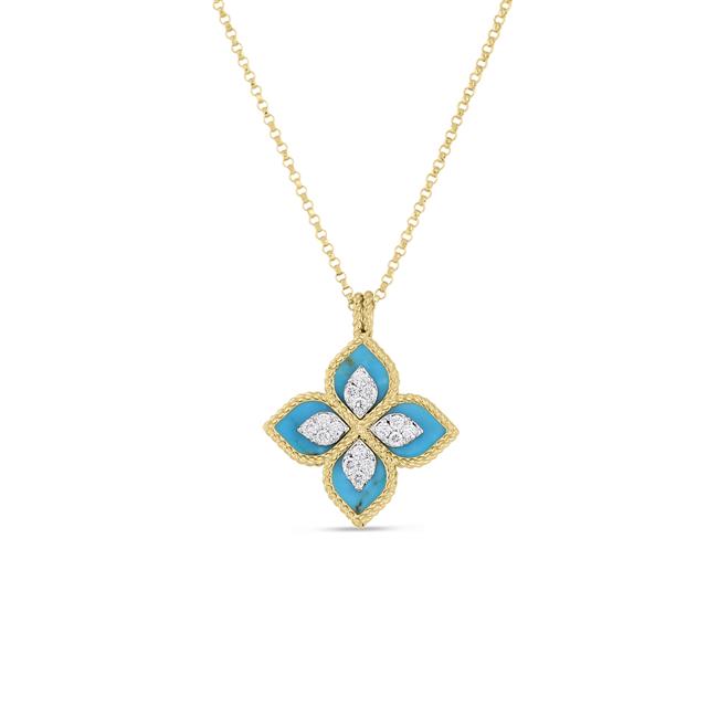 Roberto Coin Princess 18k Yellow Gold Turquoise and Diamond Flower Necklace