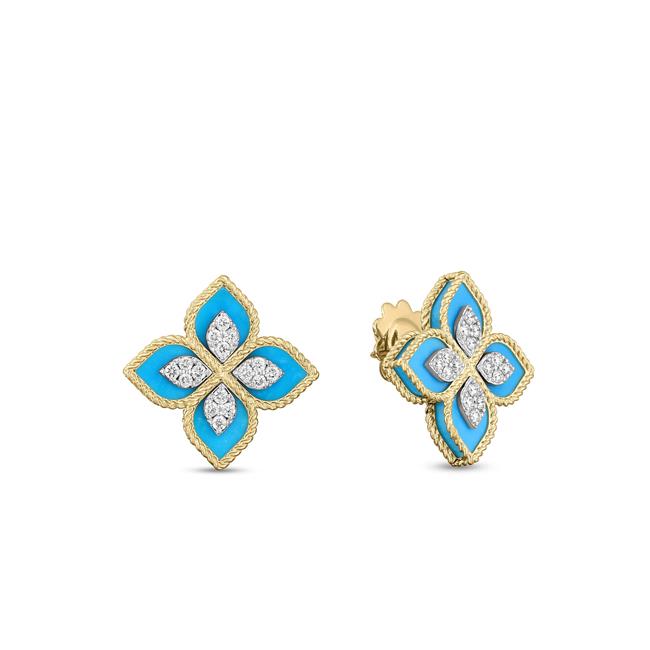 Roberto Coin Princess 18k Yellow Gold Turquoise And Diamond Flower Earrings