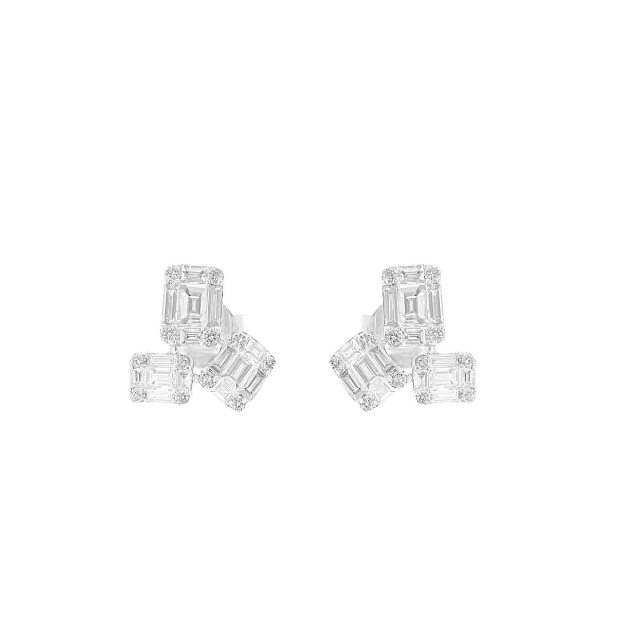 London Collection 18k White Gold Triple Emerald Cut Diamond Cluster Earrings