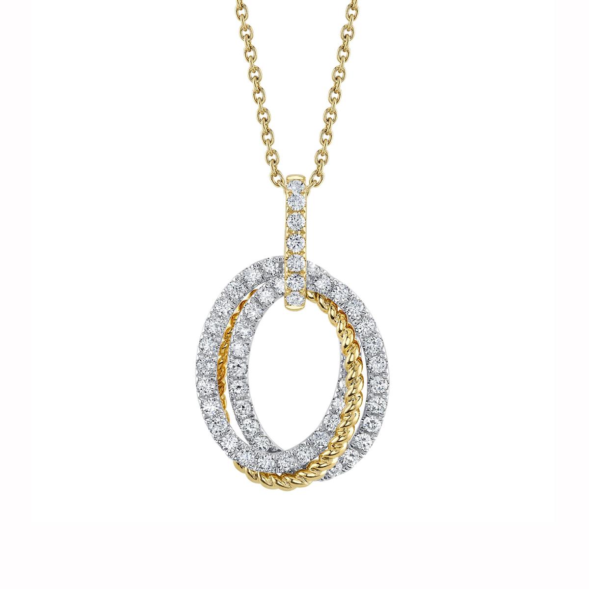 London Collection 14k Yellow Gold Pave Diamond Triple Oval Pendant Necklace