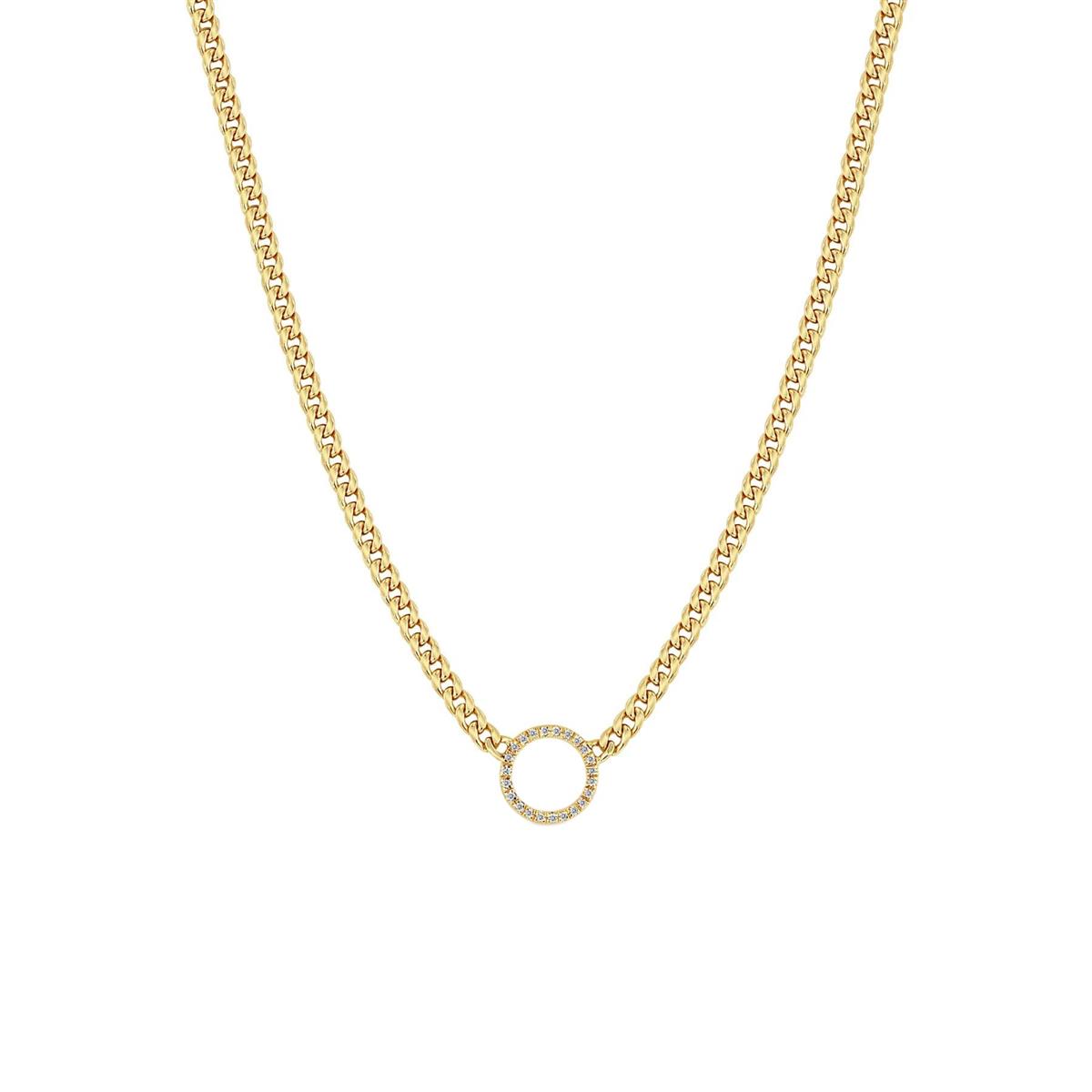 Zoe Chicco 14k Yellow Gold Curb Chain Pave Diamond Circle Pendant Necklace