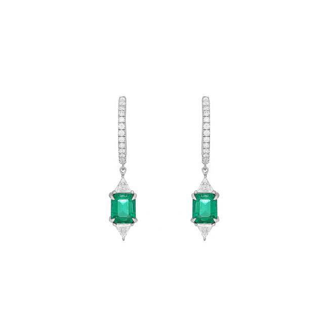 London Collection 18k White Gold Diamond And Emerald Earrings