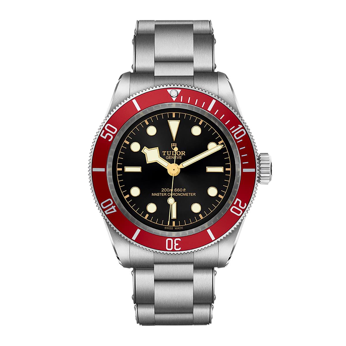 The TUDOR Black Bay with red bezel pairs perfectly with our London Collection diamond and ruby bracelets