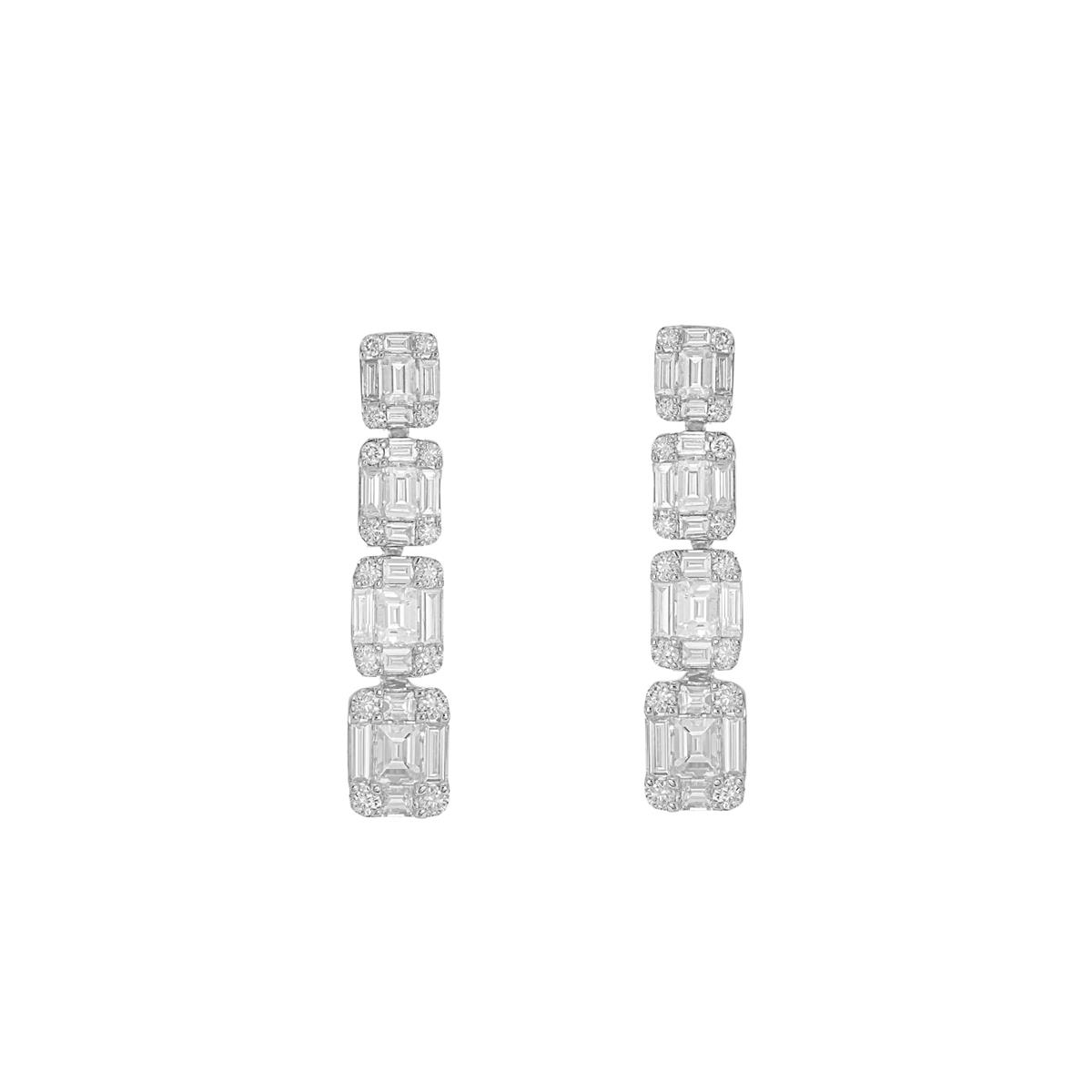 London Collection 18k White Gold Graduated Emerald Cut Diamond Cluster Drop Earrings