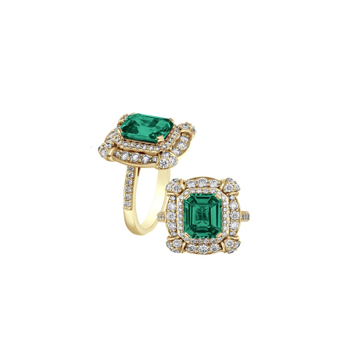 Goshwara 18k Yellow Gold Emerald and Pave Diamond Ring