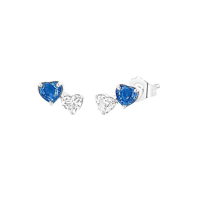 London Collection 14k White Gold Heart Shaped Blue Sapphire and Heart Shaped Diamond Earrings