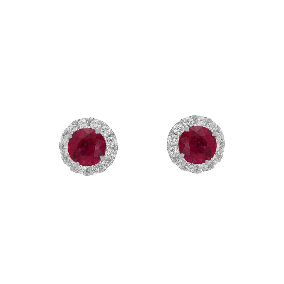 London Collection 18k White Gold Ruby and Diamond Round Stud Earrings