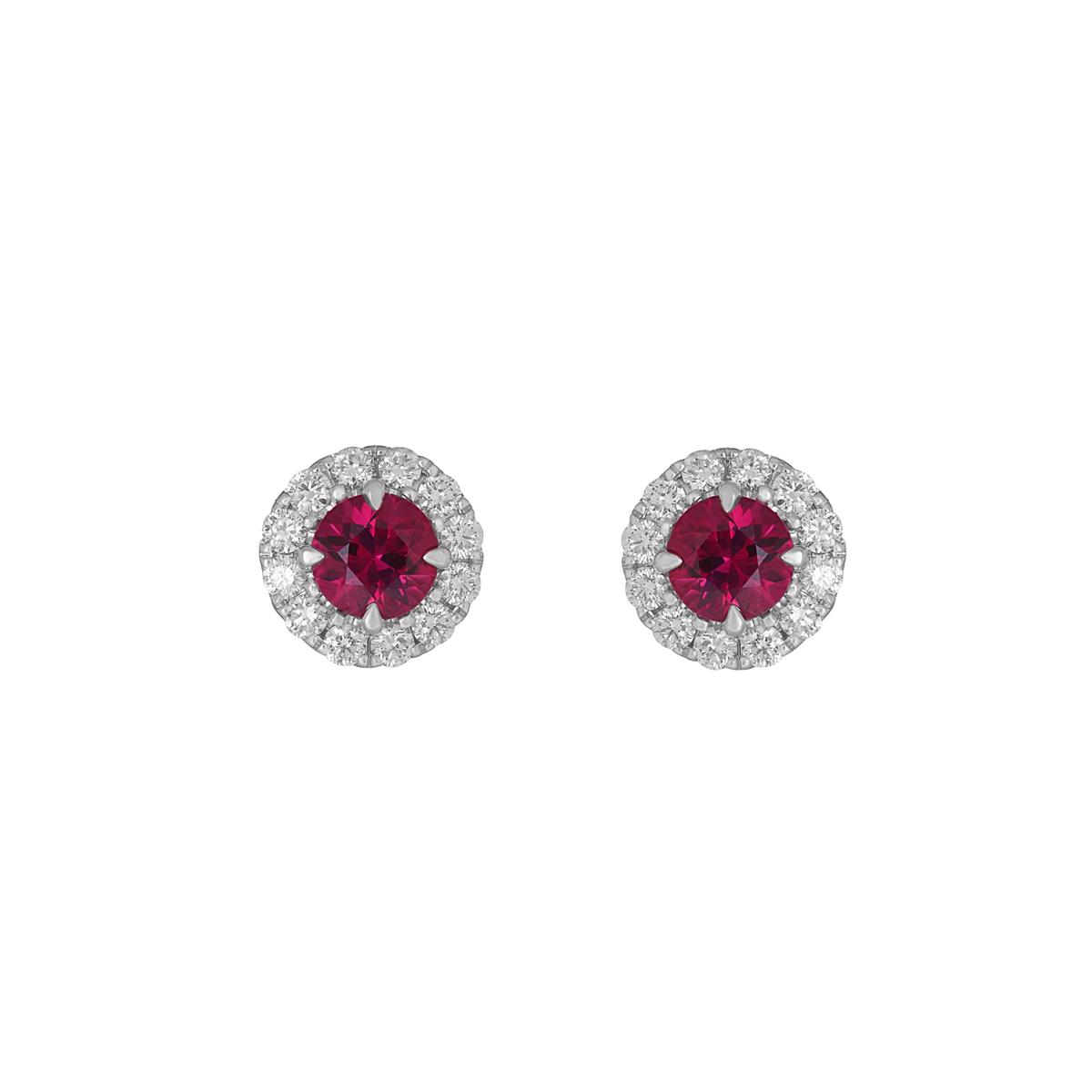 London Collection 18k White Gold Ruby and Diamond Round Stud Earrings