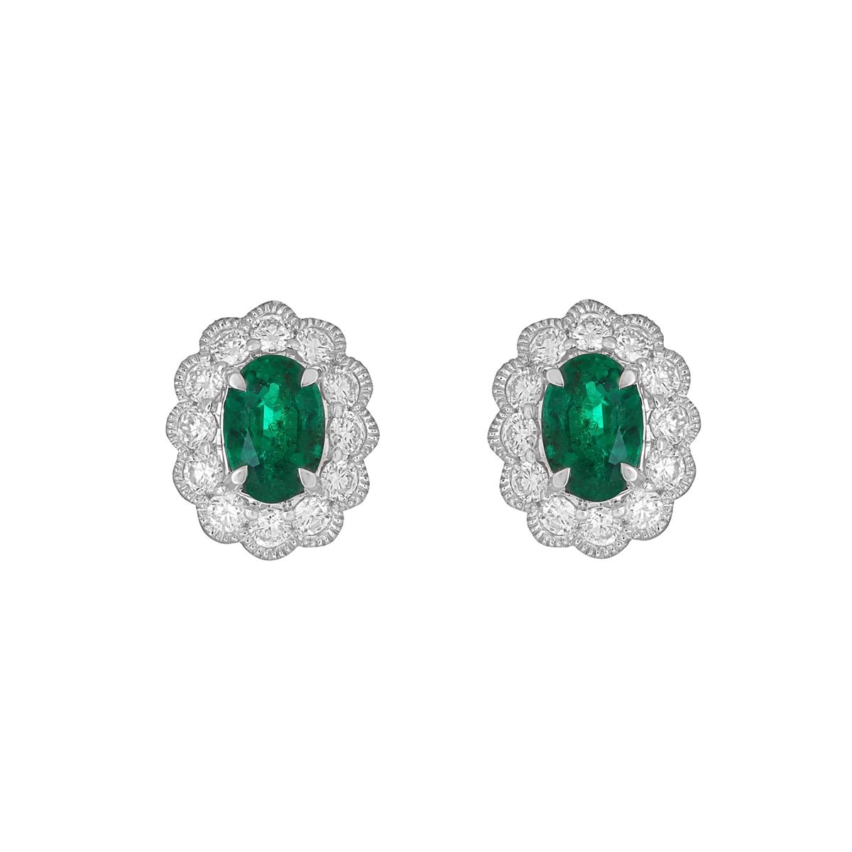 London Collection 18k White Gold Oval Emerald and Diamond Halo Stud Earrings
