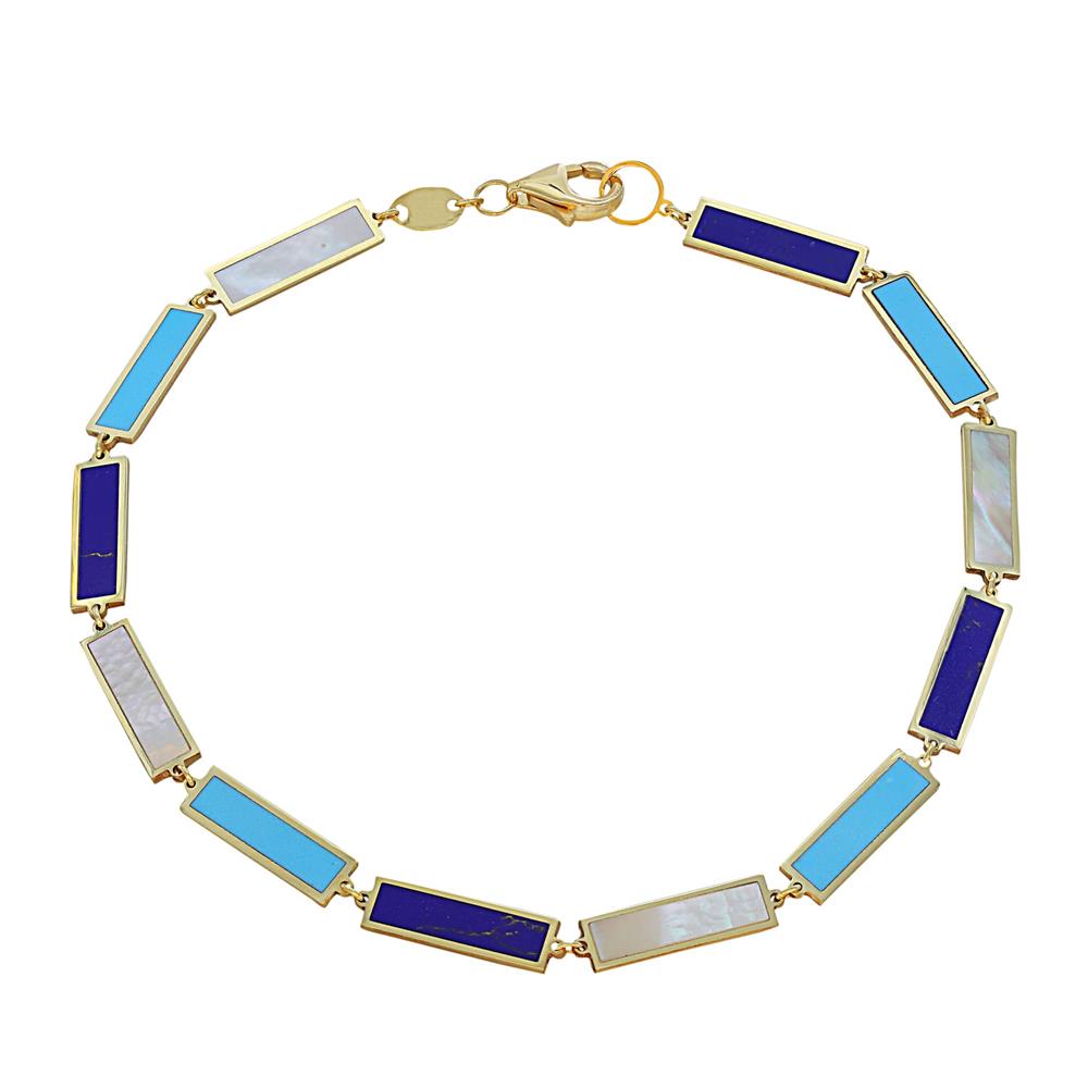 London Collection 14k Lapis Turquoise and Mother of Pearl Large Bar Bracelet
