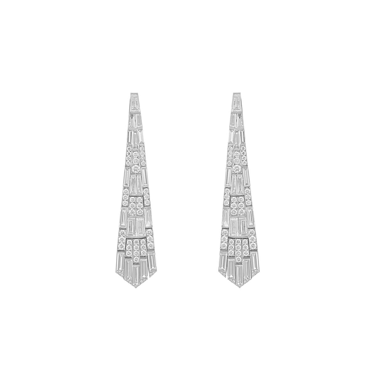 London Collection 18k White Gold Round and Baguette Diamond Dangle Earrings