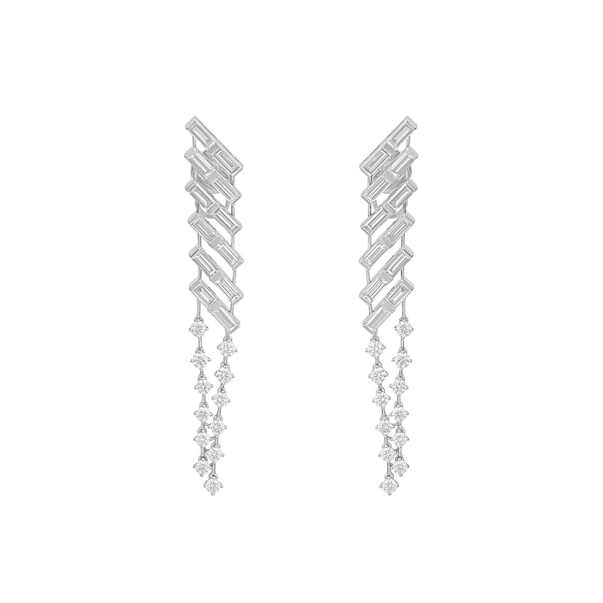London Collection White Gold Baguette and Round Diamond Drop Earrings