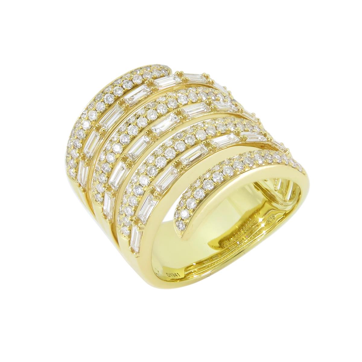 London Collection 18k Yellow Gold Round and Baguette Diamond Multi Row Ring