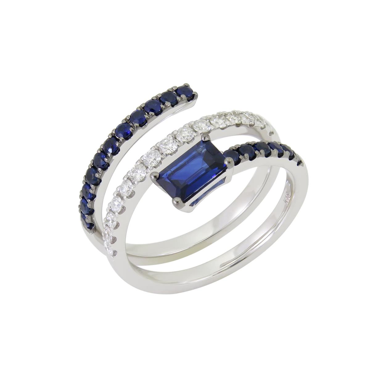 London Collection 18k White Gold Emerald Cut Blue Sapphire and Diamond Wrap Ring
