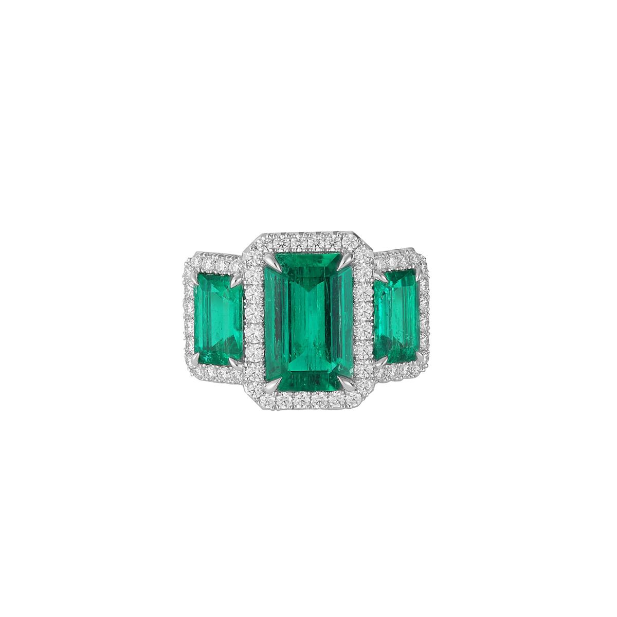 London Collection Platinum Three Stone Emerald and Diamond Ring