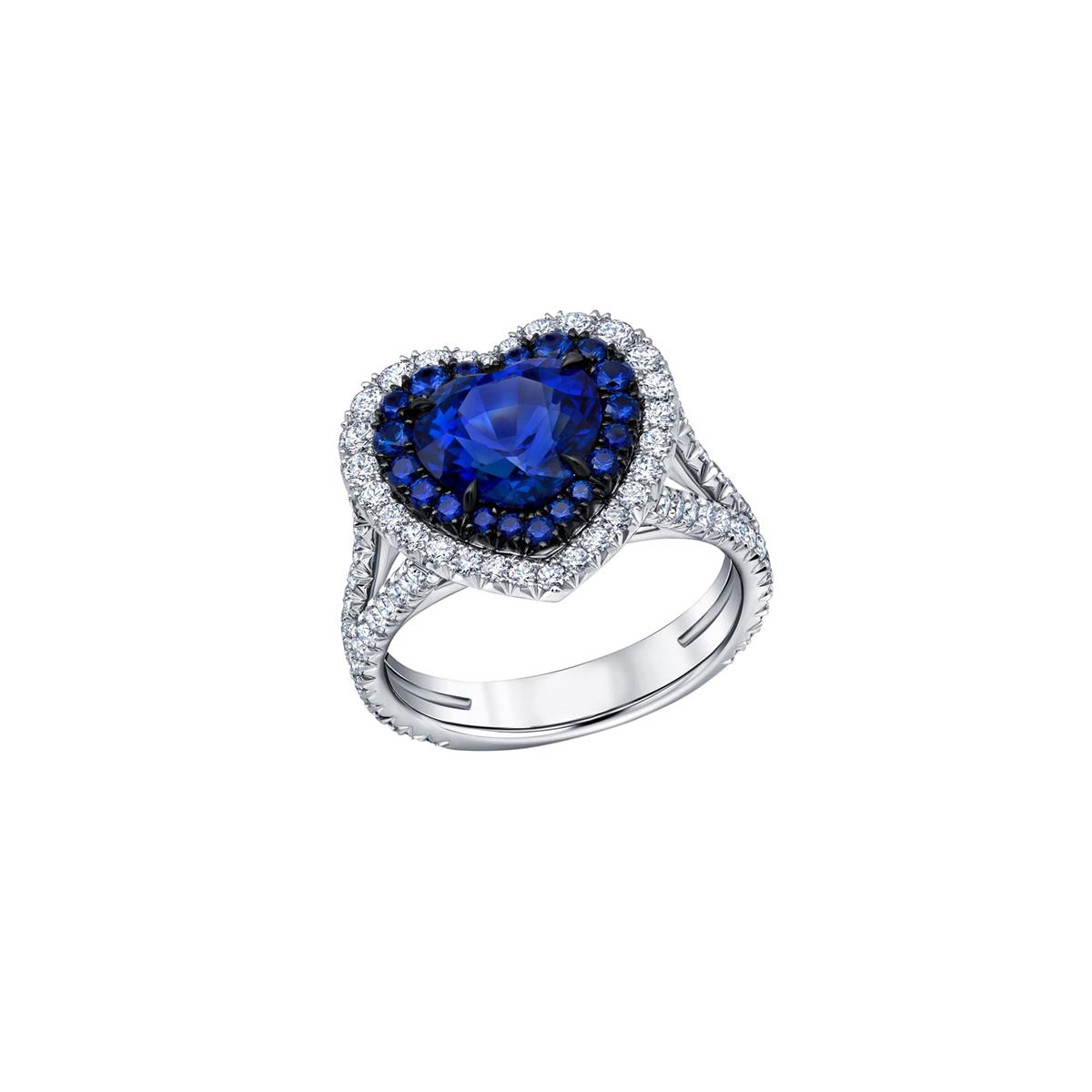 London Collection Platinum Heart Blue Sapphire and Diamond Halo Ring