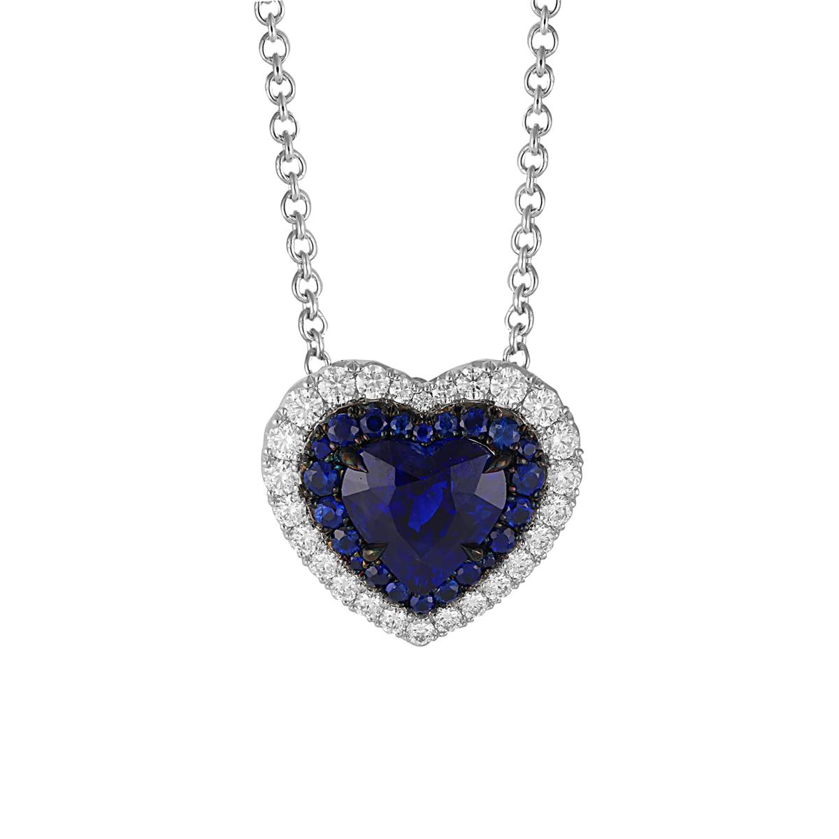 London Collection Heart Blue Sapphire Round Diamond and Sapphire Halo Pendant Necklace
