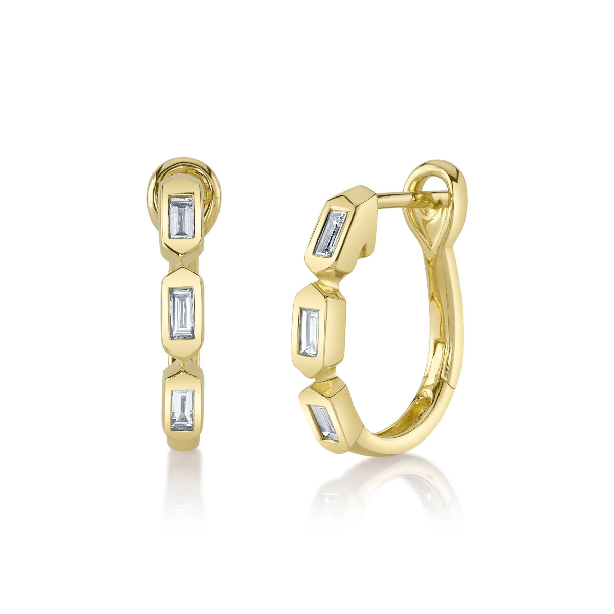 London Collection 14k Yellow Gold Bezel Set Baguette Diamond Huggie Earrings