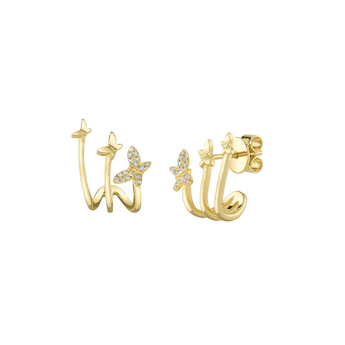 London Collection 14k Yellow Gold Pave Diamond Triple Butterfly Cuff Earrings