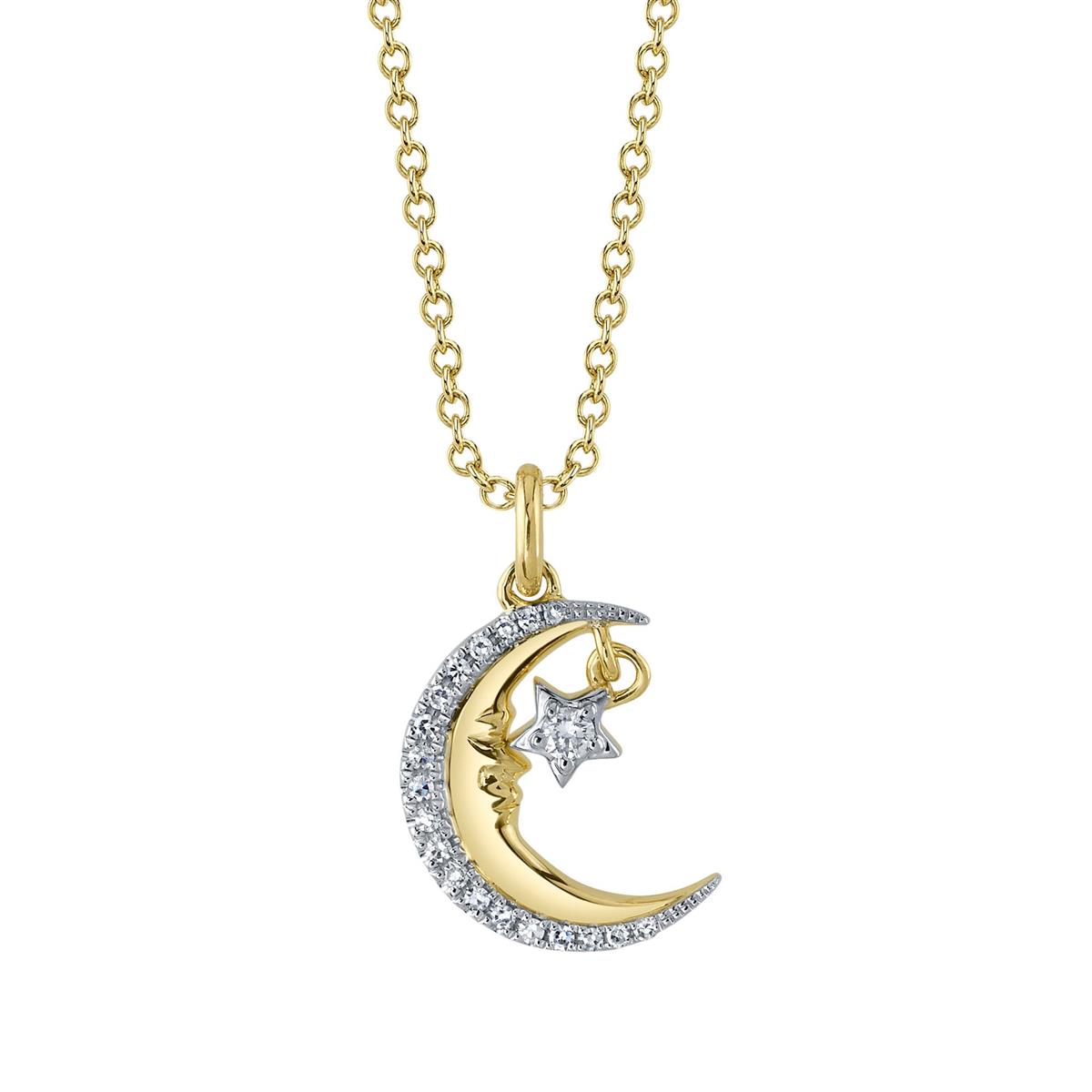 London Collection 14k Yellow Gold Pave Diamond Crescent Moon and Star Pendant Necklace